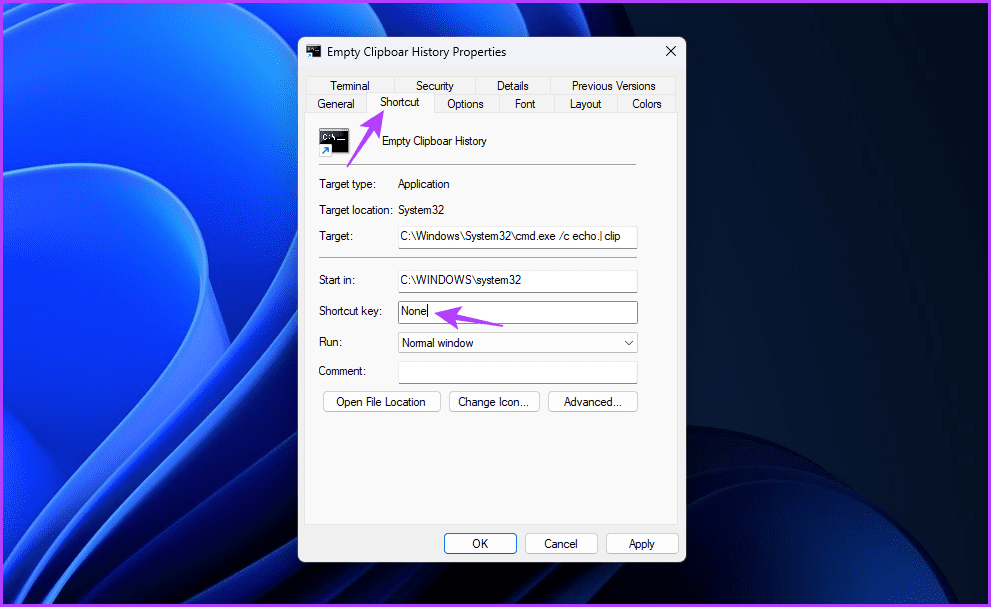 Shortcut-key-field أفضل 4 طرق لمسح سجل محفوظات الحافظة في Windows 11