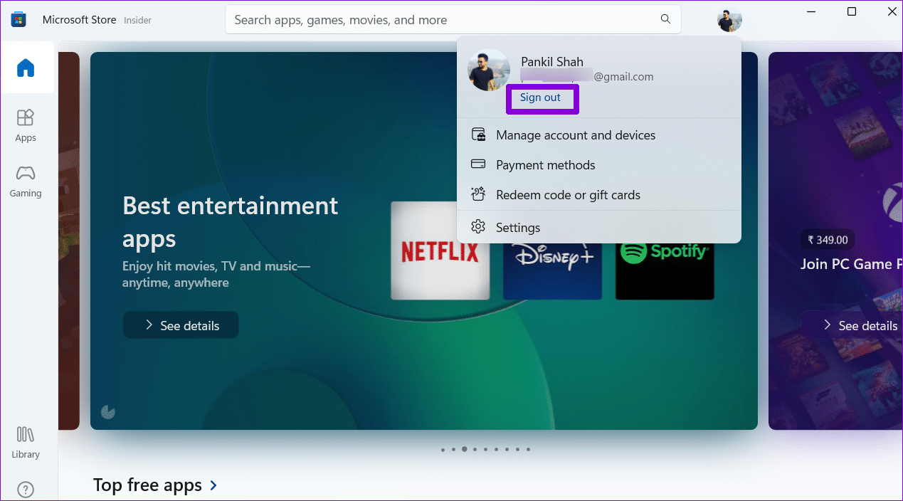 Sign-Out-of-MS-Store أفضل 6 إصلاحات لعدم عرض Microsoft Store التطبيقات المشتراة على Windows