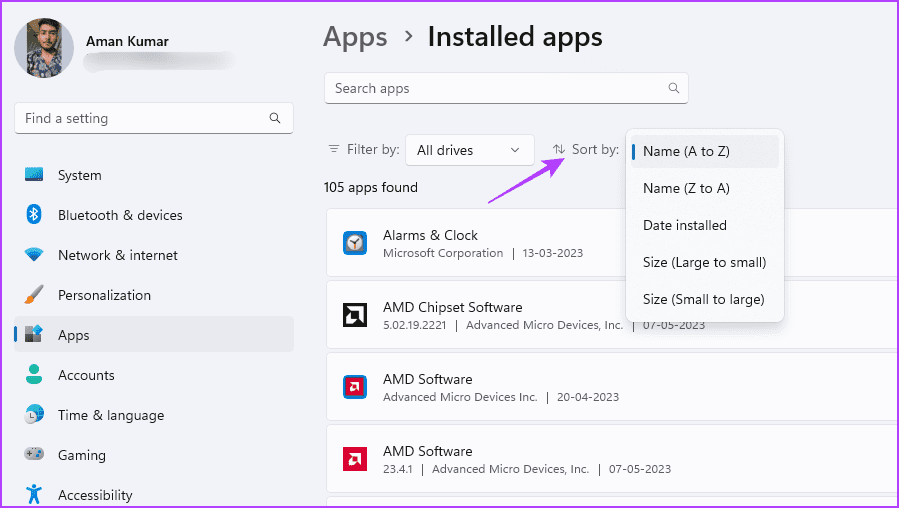 Sort-by-option أفضل 3 طرق للتحقق من حجم التطبيق على نظام التشغيل Windows 11
