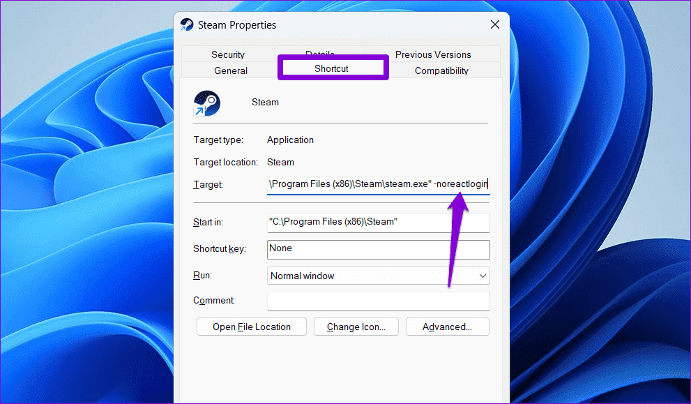 Steam-Shorcut-Properties أفضل 7 طرق لإصلاح ظهور رمز خطأ تسجيل الدخول E84 في Steam على Windows