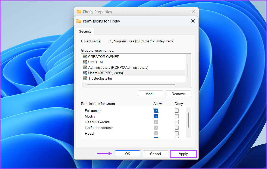 Take-Full-Ownership-of-the-Uninstaller-File-5 أفضل 6 طرق لإصلاح خطأ "ليس لديك وصول كافٍ لإلغاء التثبيت" في Windows