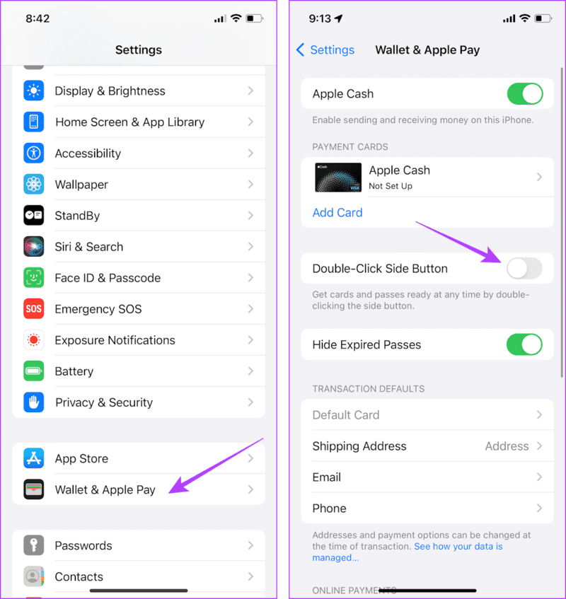 Turn-off-Double-Click-Apple-Wallet 9 طرق لإصلاح تأخير شاشة قفل iPhone في iOS 16 و iOS 17