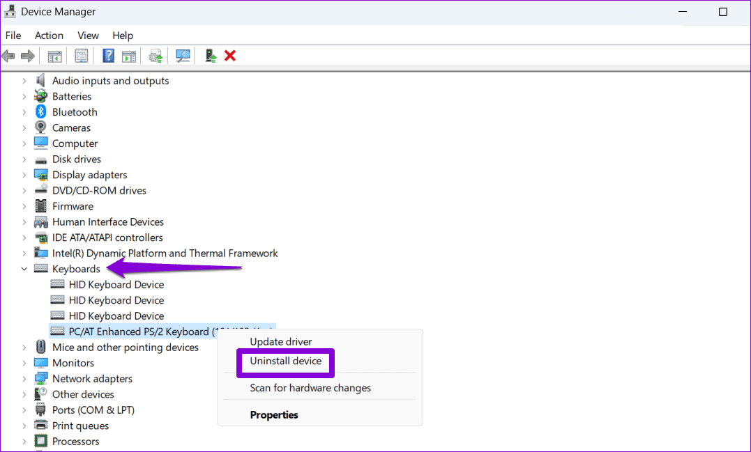 Uninstall-Keyboard-Driver-Windows-11 أفضل 6 طرق لإصلاح عدم عمل مفتاح المسافة في Windows 11