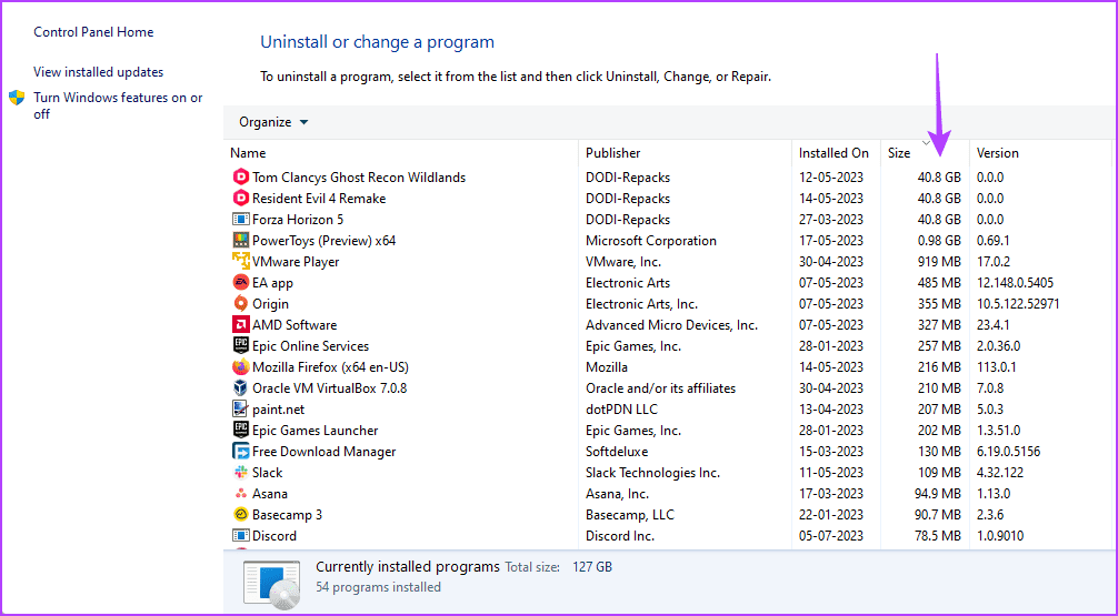Uninstall-or-change-a-program-section أفضل 3 طرق للتحقق من حجم التطبيق على نظام التشغيل Windows 11