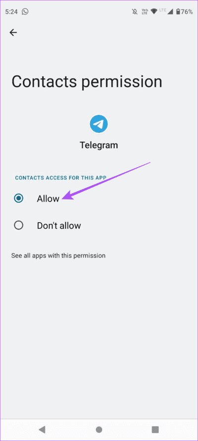 allow-contact-permissions-telegram-android أفضل 6 إصلاحات لعدم مزامنة جهات الاتصال في Telegram على iPhone و Android