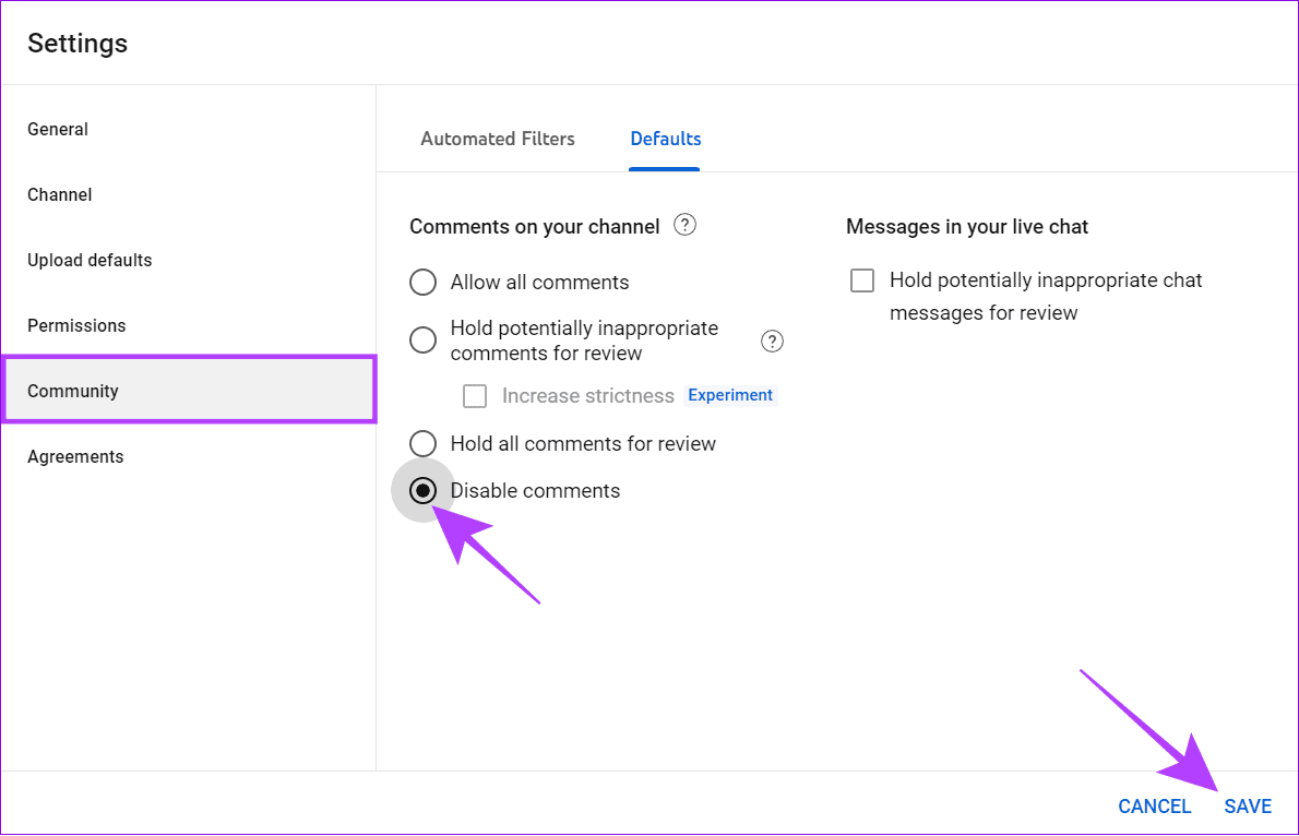 choose-community-then-choose-disable-comments-and-hit-save كيفية إيقاف تشغيل التعليقات على YouTube