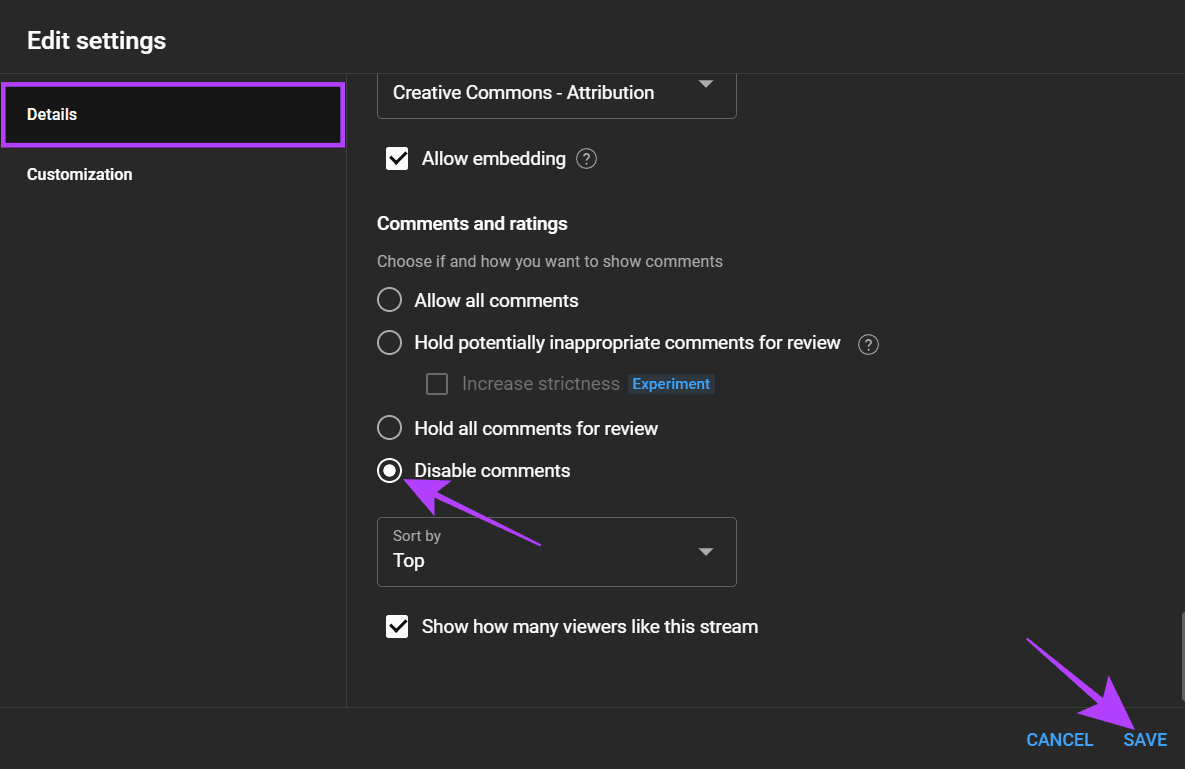 choose-detials-click-disable-comments-and-hit-save كيفية إيقاف تشغيل التعليقات على YouTube