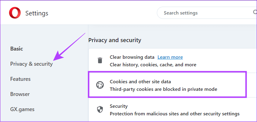 choose-privacy-and-security-and-hit-cookies-and-other-site-data كيفية مسح ذاكرة التخزين المؤقت في Opera و Opera GX