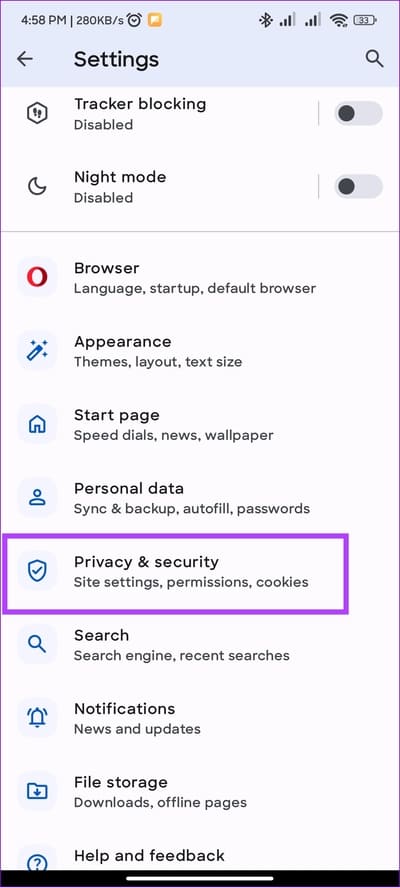 choose-privacy-and-security كيفية مسح ذاكرة التخزين المؤقت في Opera و Opera GX