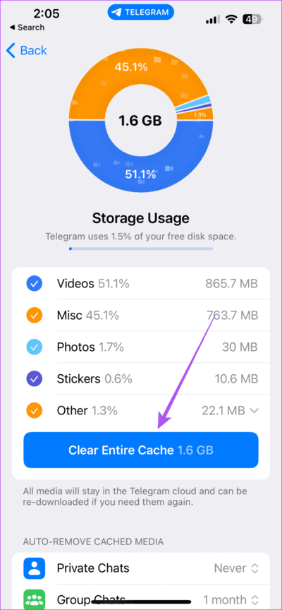 clear-entire-cache-telegram-settings-iphone-711x1536-1 أفضل 6 إصلاحات لعدم مزامنة جهات الاتصال في Telegram على iPhone و Android