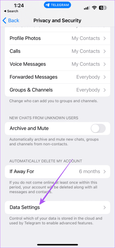 data-settings-privacy-and-security-settings-telegram-iphone-711x1536-1 أفضل 6 إصلاحات لعدم مزامنة جهات الاتصال في Telegram على iPhone و Android