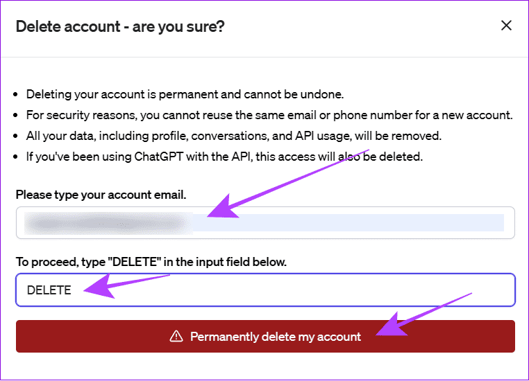 enter-email-type-delete-and-hit-permanently-delete-my-account كيفية مشاركة محادثات ChatGPT