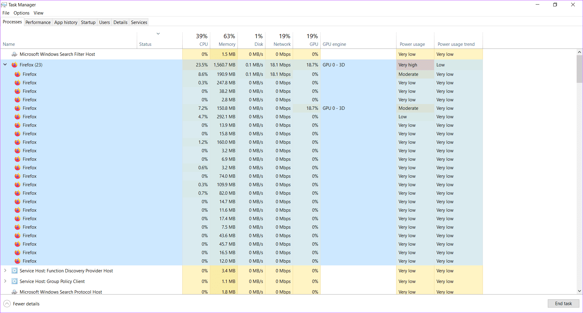 firefox-task-manager أي متصفح يستخدم أقل ذاكرة وصول عشوائي ووحدة معالجة مركزية على Windows