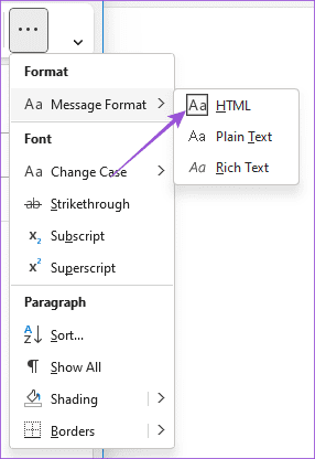 html-message-format-outlook-windpws كيفية إضافة صور إلى بريد Outlook الإلكتروني ومضمنة في البريد الإلكتروني على الهاتف المحمول وسطح المكتب