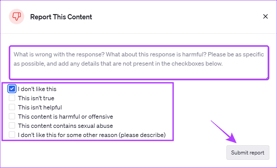 mention-the-reason-and-hit-Submit-Report-1 كيفية مشاركة محادثات ChatGPT