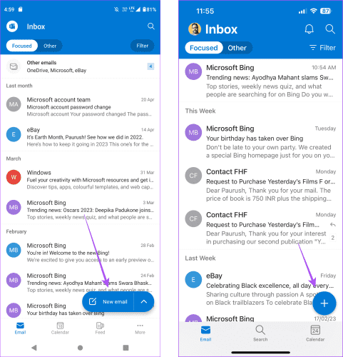 new-email-outlook-android-side كيفية إضافة صور إلى بريد Outlook الإلكتروني ومضمنة في البريد الإلكتروني على الهاتف المحمول وسطح المكتب