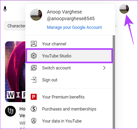 open-profile-and-choose-YouTube-Studio كيفية إيقاف تشغيل التعليقات على YouTube