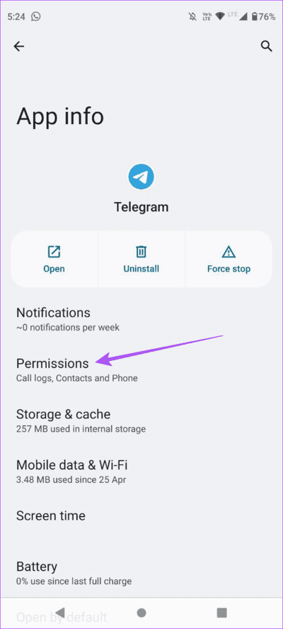 permissions-app-info-telegram-android أفضل 6 إصلاحات لعدم مزامنة جهات الاتصال في Telegram على iPhone و Android