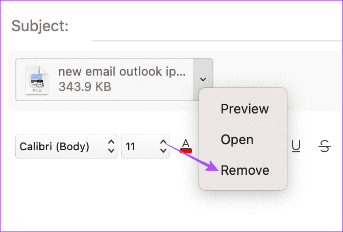 remove-attachment-outlook-email-mac كيفية إضافة صور إلى بريد Outlook الإلكتروني ومضمنة في البريد الإلكتروني على الهاتف المحمول وسطح المكتب