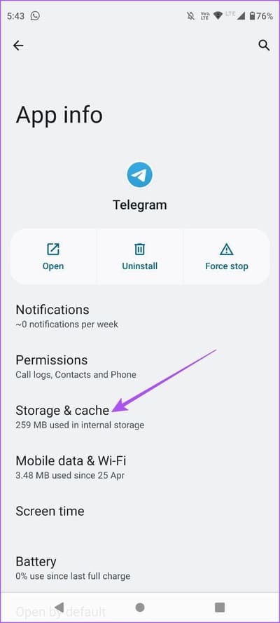 storage-and-cache-app-info-telegram-android أفضل 6 إصلاحات لعدم مزامنة جهات الاتصال في Telegram على iPhone و Android