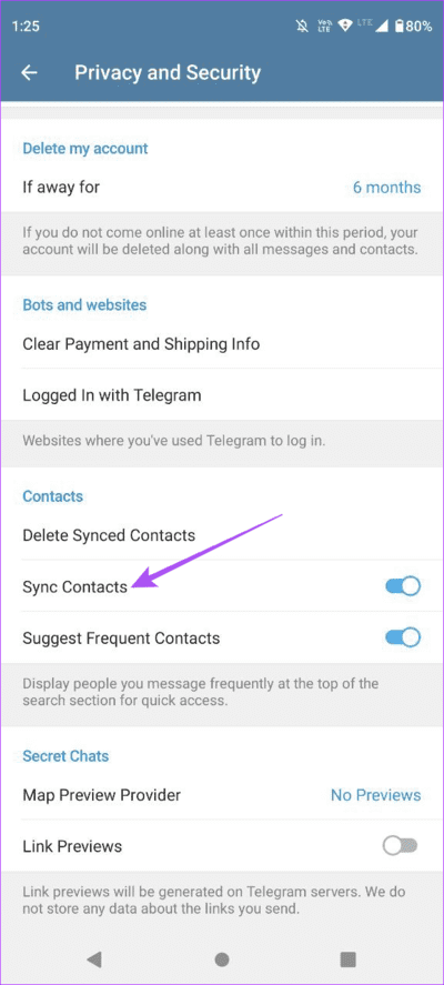 sync-contacts-settings-telegram-android أفضل 6 إصلاحات لعدم مزامنة جهات الاتصال في Telegram على iPhone و Android