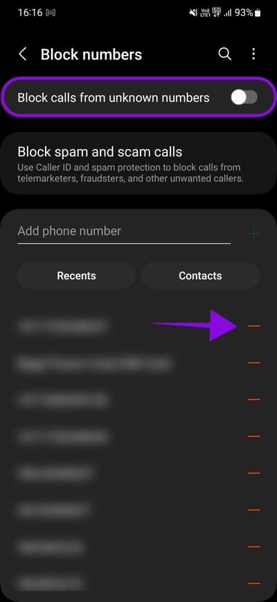tap-minus-to-unblock-contacts كيفية البحث عن الأرقام المحظورة على أي جهاز Android