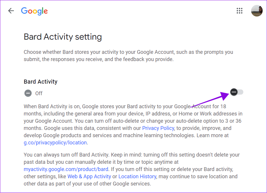toggle-off-bard-activity كيفية عرض وحذف سجل Google BARD وبيانات النشاط