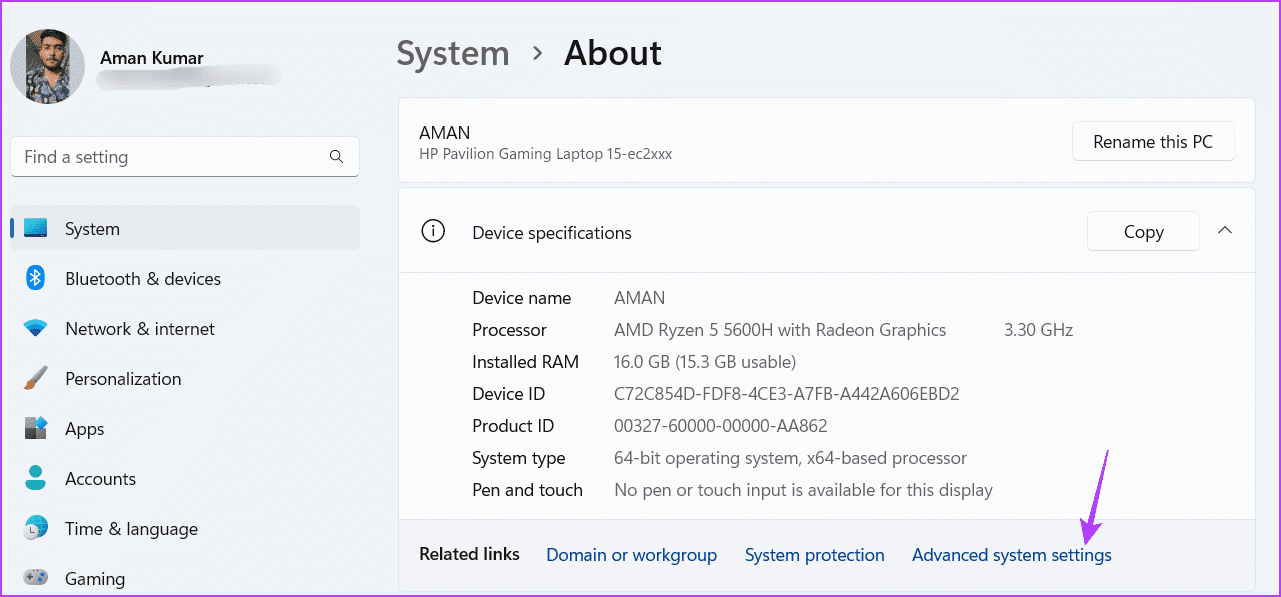 Advanced-system-settings أفضل 5 طرق لإصلاح عدم ظهور خيار التمهيد المزدوج على Windows 11