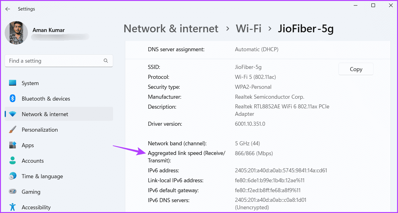 Aggregated-link-speed أفضل 3 طرق للتحقق من سرعة محول الشبكة على Windows 11