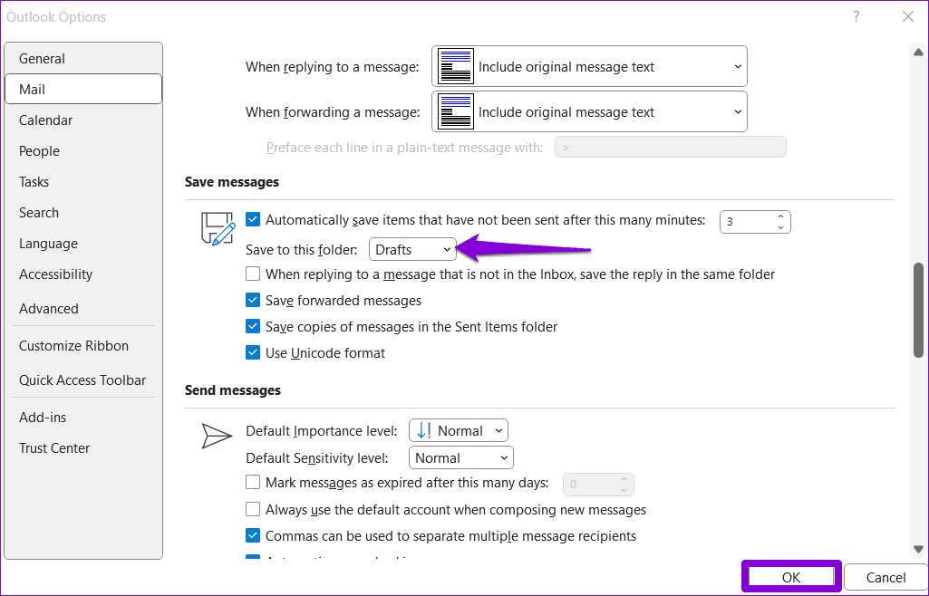 Allow-Outlook-to-Save-Drafts أفضل 6 طرق لإصلاح عدم حفظ المسودات في Microsoft Outlook على Windows