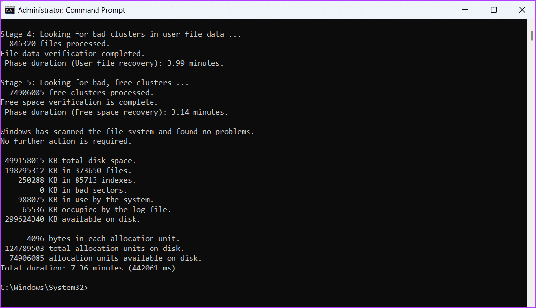 CHKDSK-command-complete أفضل 5 طرق لإصلاح أخطاء نظام الملفات على Windows 11