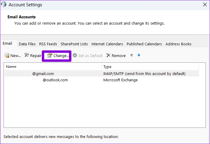 Change-Email-Settings-Outlook أفضل 6 طرق لإصلاح عدم حفظ المسودات في Microsoft Outlook على Windows