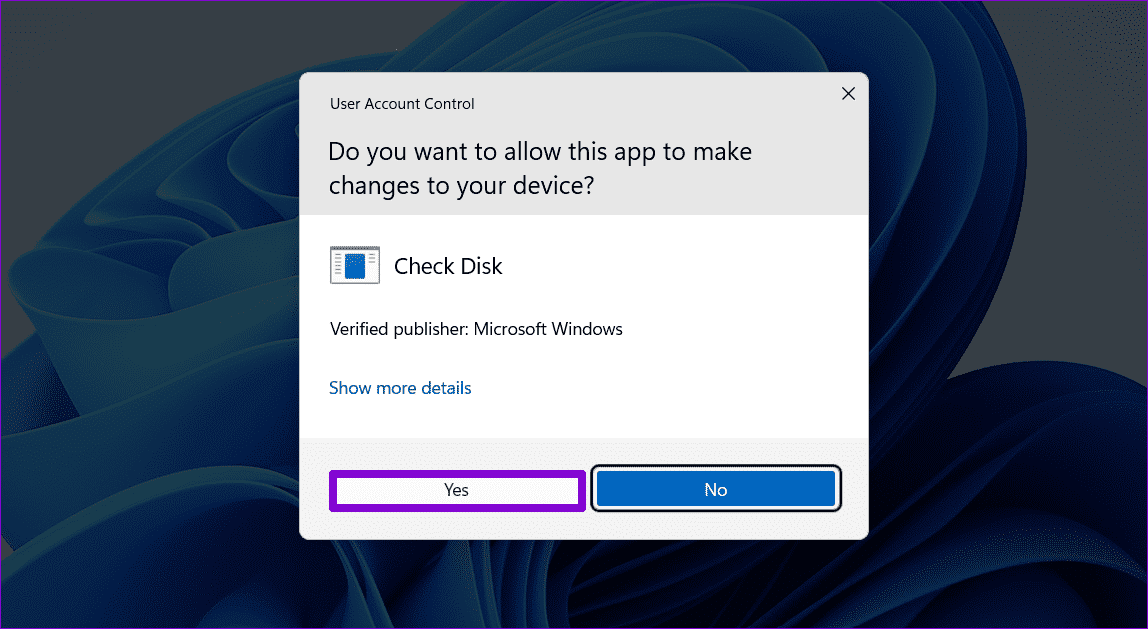 Check-Disk-UAC أفضل 6 طرق لإصلاح عدم عرض محرك أقراص USB للملفات والمجلدات على Windows 11