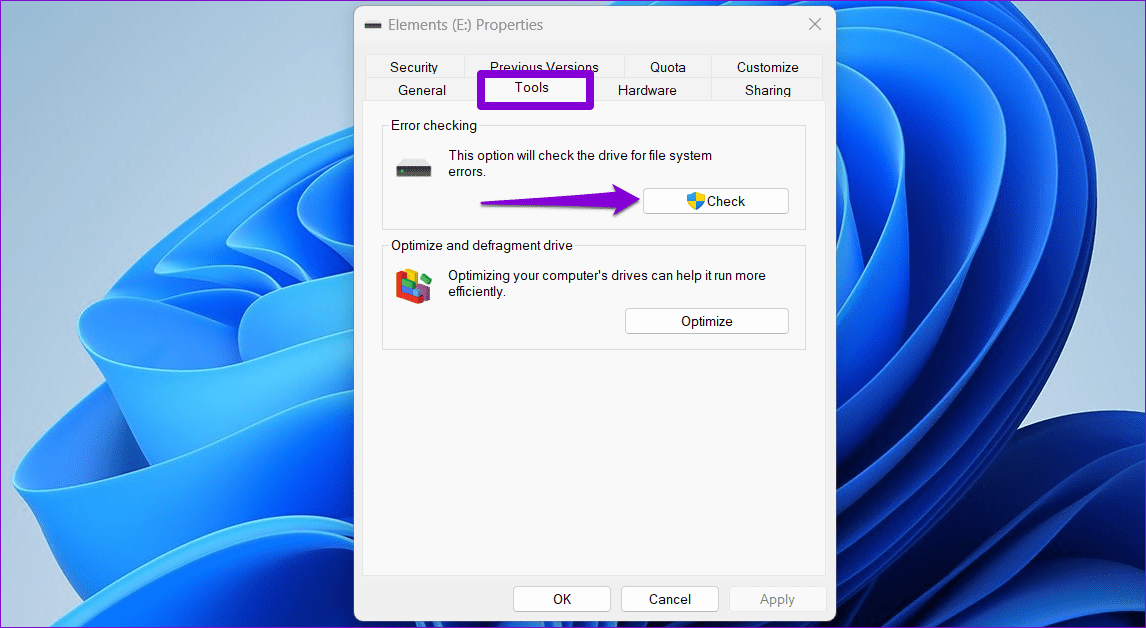 Check-Drive-for-Errors أفضل 6 طرق لإصلاح عدم عرض محرك أقراص USB للملفات والمجلدات على Windows 11