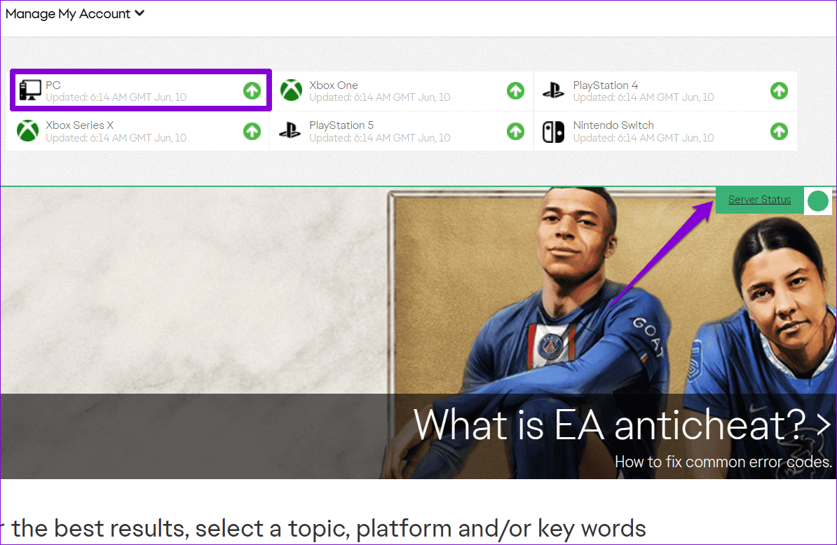 Check-EA-Server-Status-for-FIFA-23 أفضل 6 طرق لإصلاح تعذر الاتصال بخوادم EA على Windows