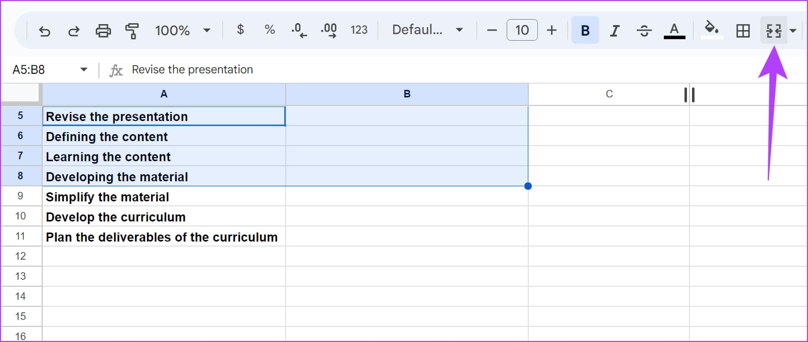 Click-on-Merge-Cells كيفية تغيير حجم الخلية في Google Sheets