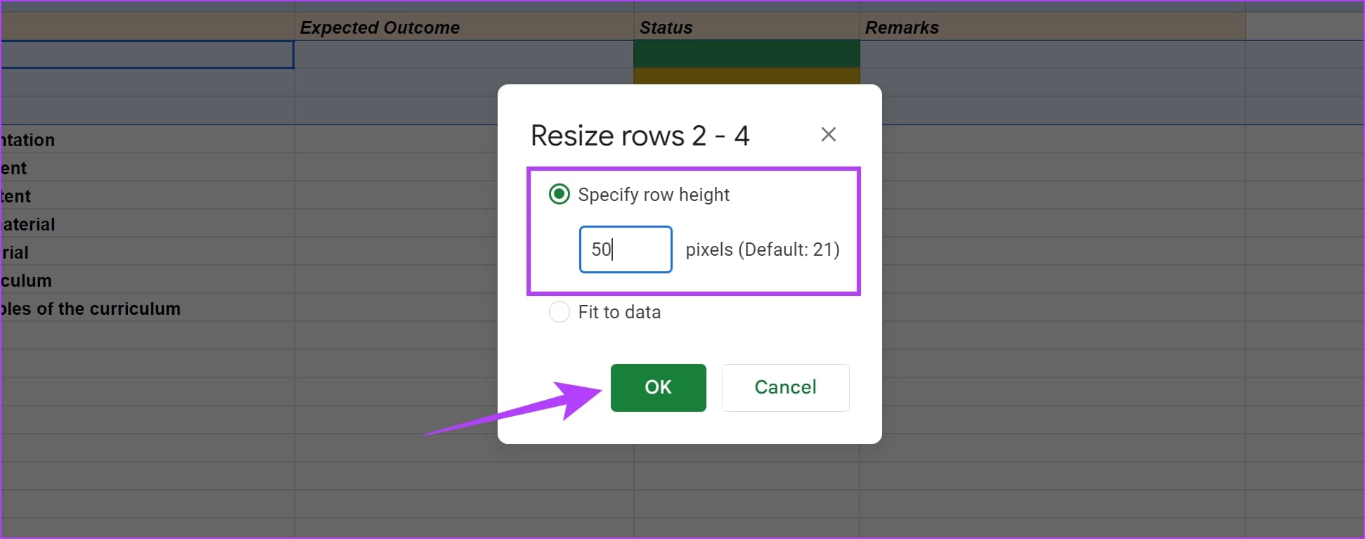 Click-on-OK-5 كيفية تغيير حجم الخلية في Google Sheets