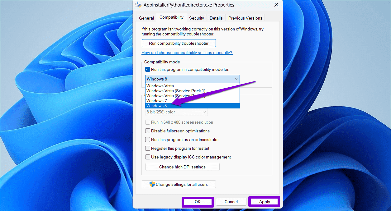 Compatiblity-Mode-on-Windows أفضل 6 طرق لإصلاح تعذر تشغيل ملفات EXE على Windows 11
