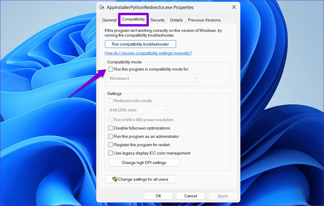 Compatiblity-Tab-of-EXE-File أفضل 6 طرق لإصلاح تعذر تشغيل ملفات EXE على Windows 11