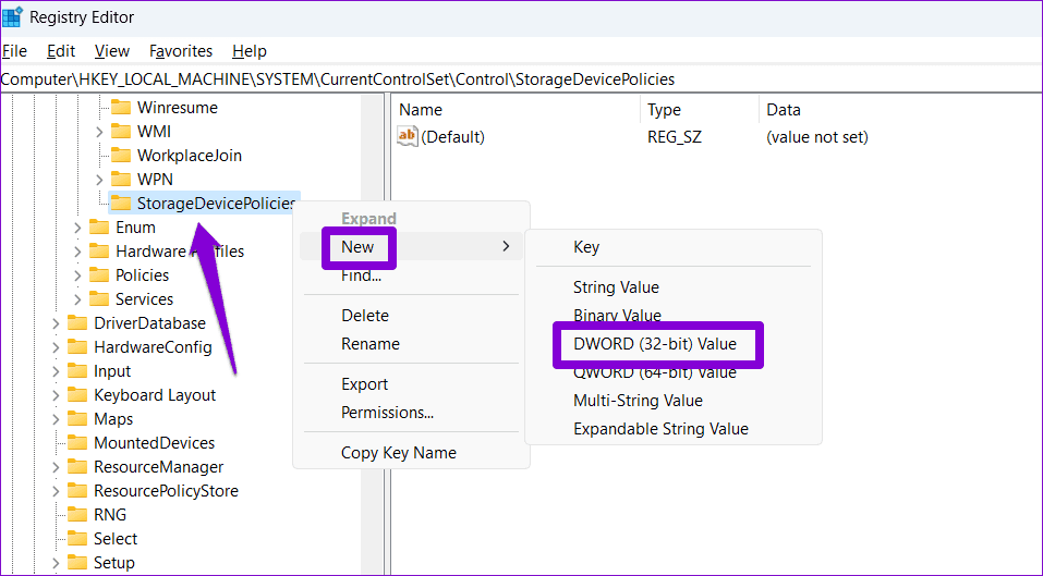 Create-DWROD-in-Registry أفضل 3 طرق لإزالة الحماية ضد الكتابة من محركات أقراص USB وبطاقات SD على Windows 11