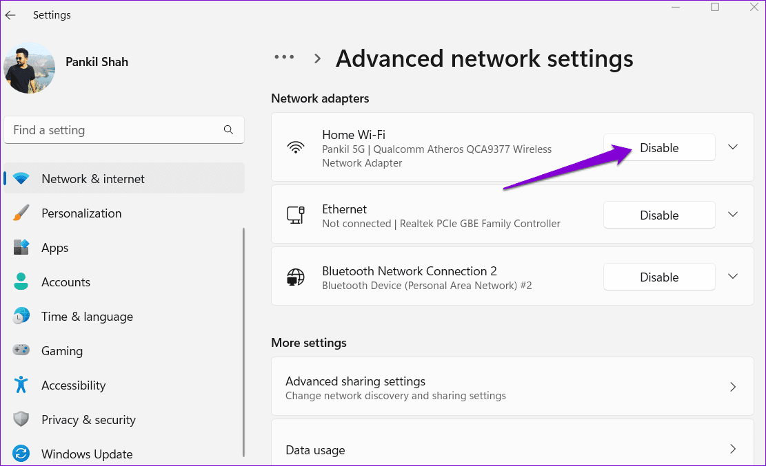 Disable-Network-Adapter-1 بأفضل 8 طرق لإصلاح لا يمكن الاتصال بنطاق تردد 5 جيجاهرتز للـ Wi-Fi على Windows 11