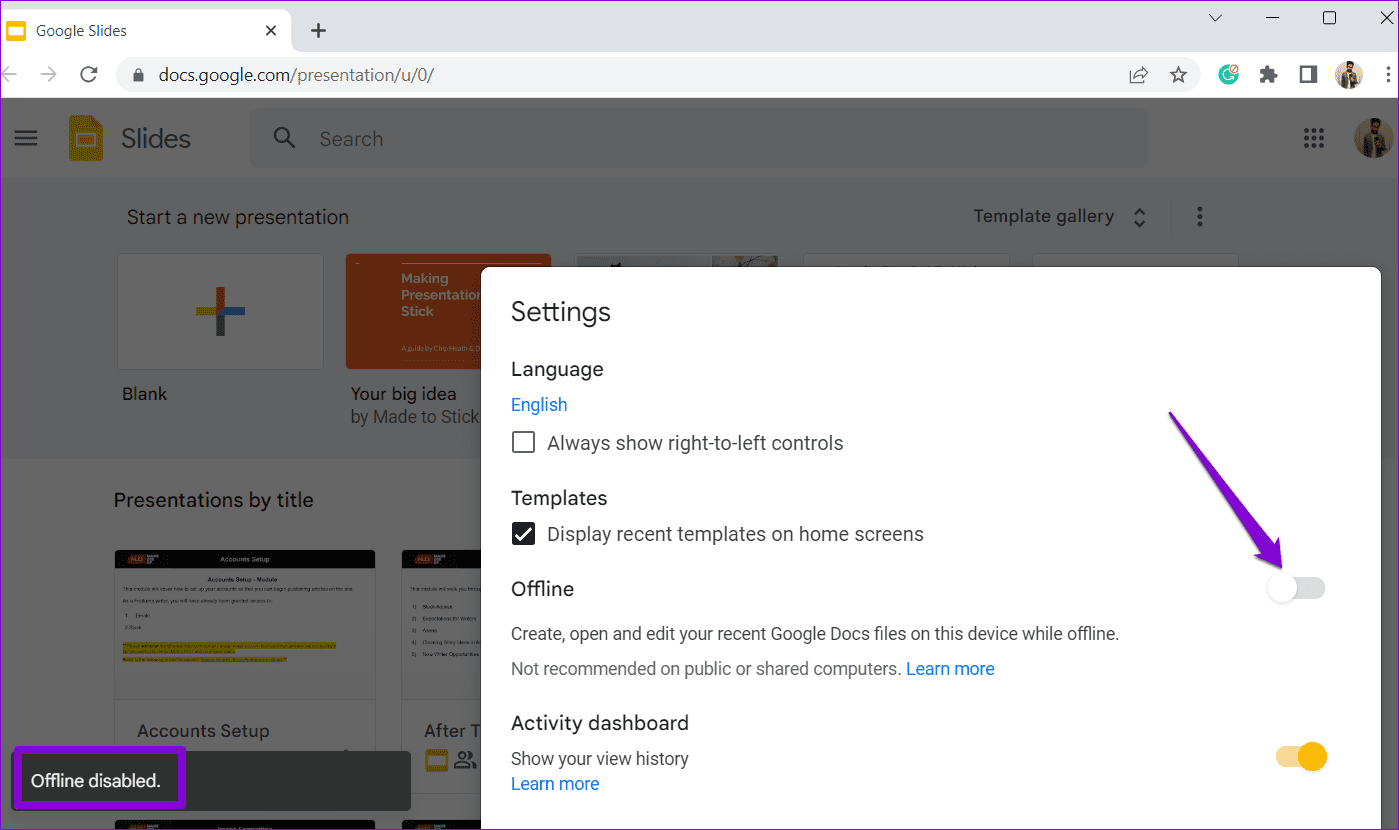 Disable-Offline-Mode-in-Google-Slides أفضل 7 طرق لإصلاح عدم تحميل Google Slides في Chrome
