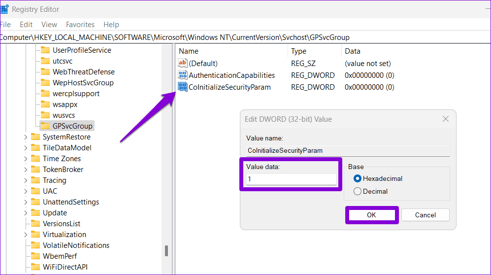 Edit-DWORD-Registry أفضل 6 طرق لإصلاح نظام Windows PC عالق على يرجى الانتظار حتى ظهور شاشة GPSVC