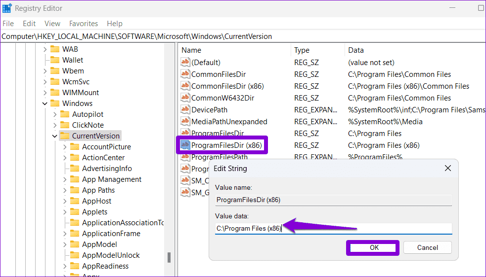Edit-ProgramFiles-String-Value أفضل 6 طرق لإصلاح تعذر تشغيل ملفات EXE على Windows 11