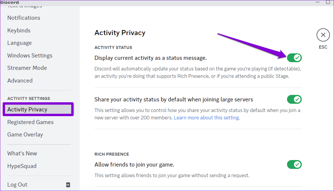 Enable-Activity-Status-in-Discord أفضل 6 طرق لإصلاح عدم اكتشاف Discord للألعاب على Windows