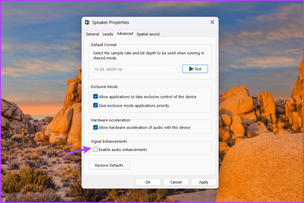 Enable-audio-enhancements-1 أفضل 5 طرق لإصلاح عدم عمل مسجل الصوت على Windows 11