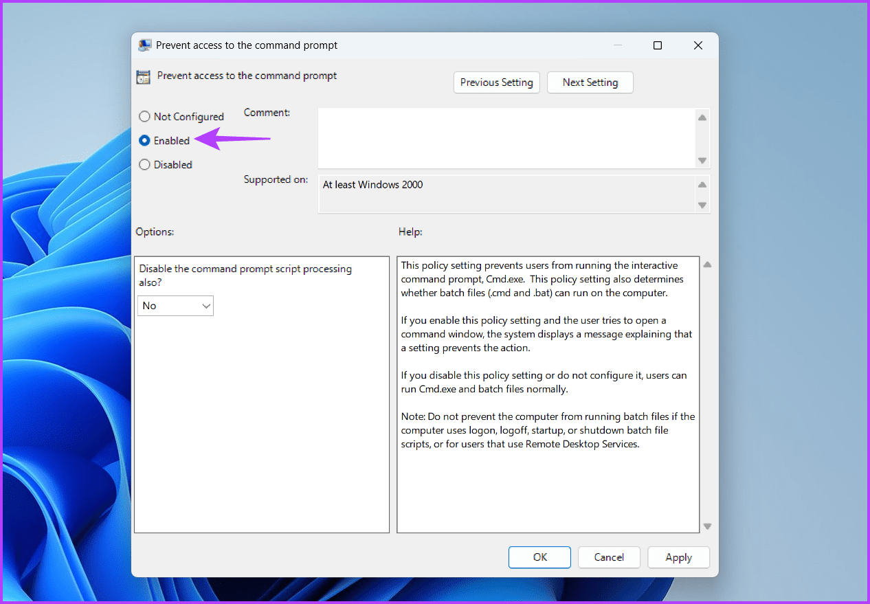Enabled-option-7 أفضل طريقتين لتعطيل Command Prompt و Windows PowerShell على Windows 11