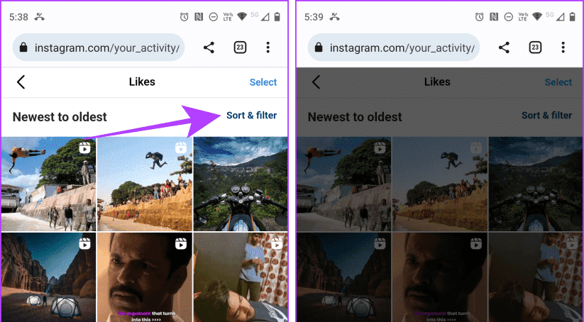 Filter-Likes-by-Date-on-Instagram-using-browser-on-mobile-e1690727730974 كيفية إلغاء الإعجاب أو إلغاء حفظ جميع المنشورات على Instagram دفعة واحدة