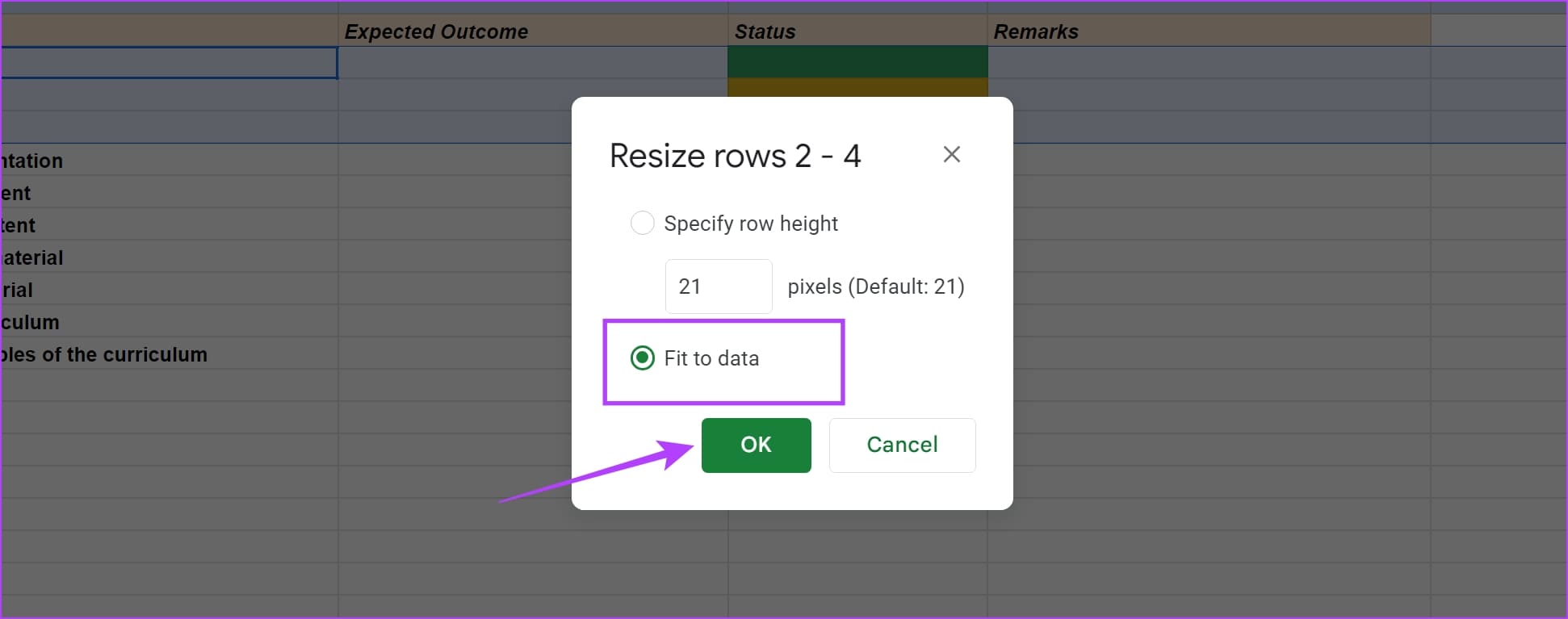 Fit-to-data كيفية تغيير حجم الخلية في Google Sheets