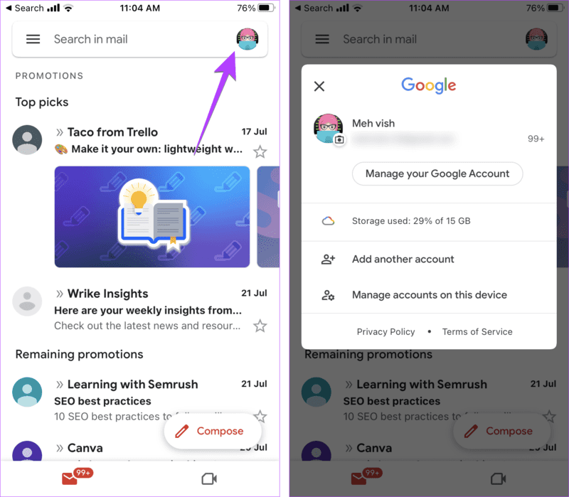 Gmail-Switch-between-account 3 طرق لإضافة بريد إلكتروني آخر إلى iPhone